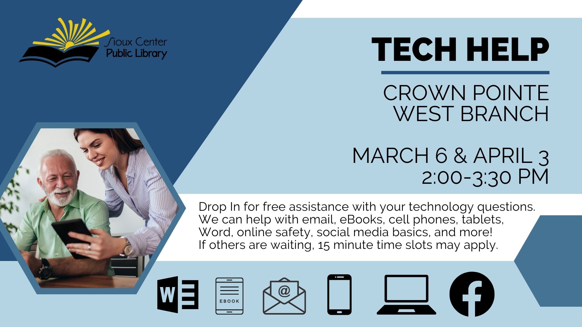 tech help available at Crown Pointe West Branch first wednesdays in March and April